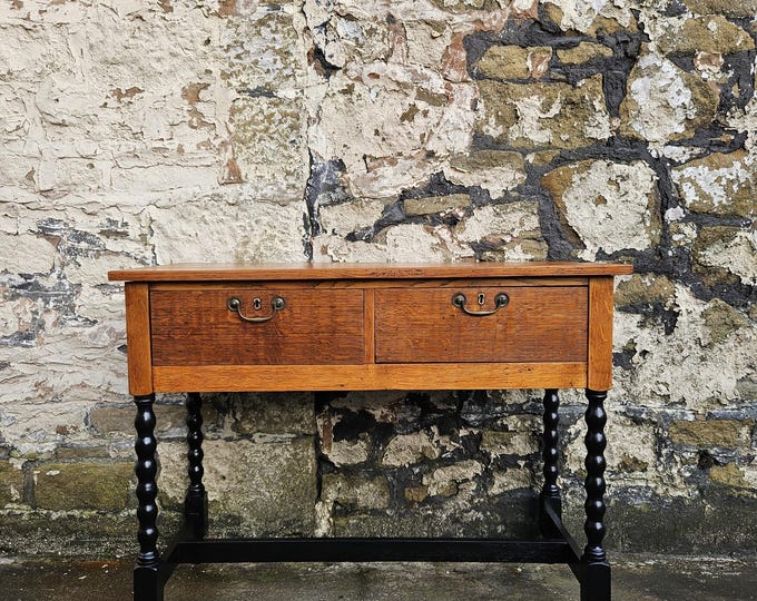Vintage Oak Chest of Drawers Console Table: Mid-Century Tallboy Cabinet Two Drawers Ebonised Detailing