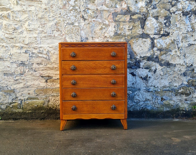 Vintage Lebus Chest Of Drawers Oak Tallboy Cabinet Mid Century Retro Furniture Bedroom Utility Antique Five Drawer Bedroom Highly Detailed