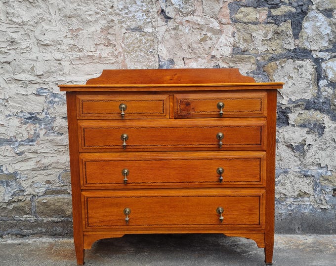 Vintage Oak Tallboy: Mid-Century Modern Five-Drawer Chest Five Drawer
