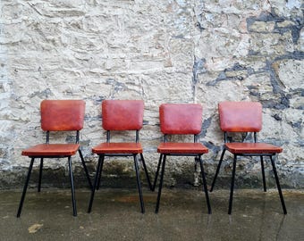 Mid Century Modern Dining Chairs: Orange Leatherette, Black Metal - Set of 4