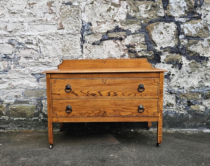 Vintage Mid-Century Modern Oak Chest: Two Drawer Tallboy Cabinet