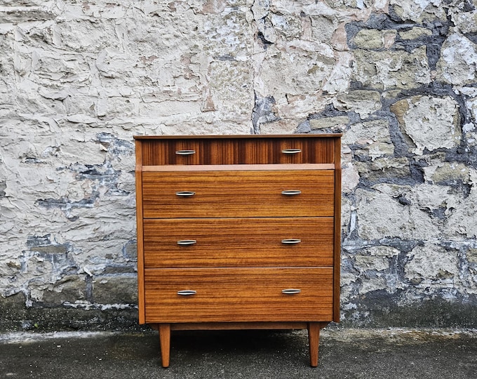 Lebus Chest of Drawers: Vintage Mid-Century Modern Furniture Tallboy Cabinet Four Drawer Bedroom Storage