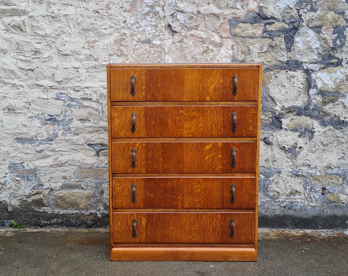 Vintage Oak Tallboy Chest of Drawers: Mid-Century Modern Vintage Furniture Five Drawer Bedroom Storage