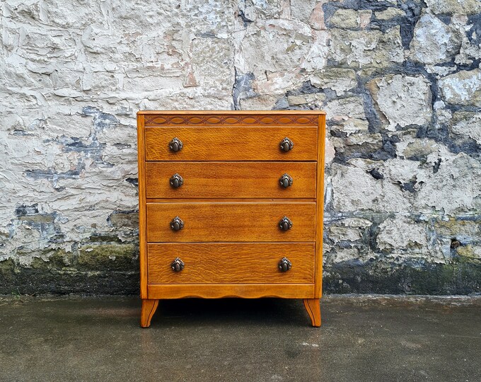 Lebus Chest Of Drawers Oak Furniture Tallboy Cabinet Mid Century Vintage Antique Retro Bedroom Furniture Four Drawer Tall Large Chest