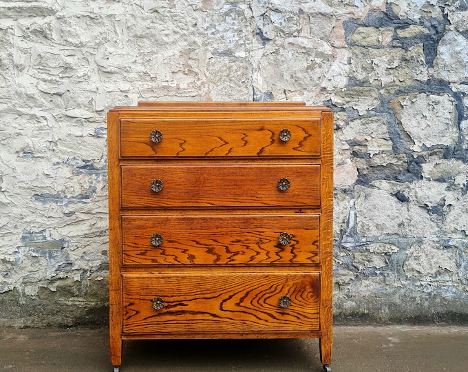 Vintage Chest Of Drawers Oak Tallboy Cabinet Mid Century Retro Antique Furniture Bedroom Utility Antique Four Drawer Chest Bedroom