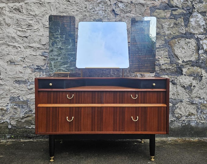 G Plan Teak Dressing Table: Librenza Mid-Century Modern Chest with Tri-Mirror