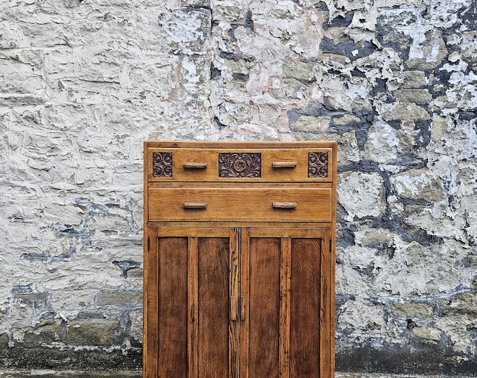 Vintage Oak Tallboy Chest: Mid Century Cabinet with Floral Panels