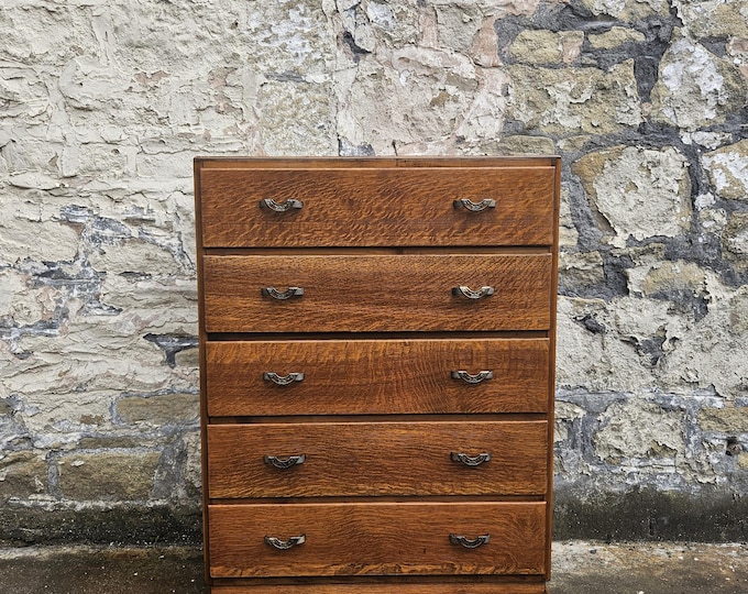 Vintage Oak Chest of Drawers: Mid Century Five Drawer Tallboy Cabinet