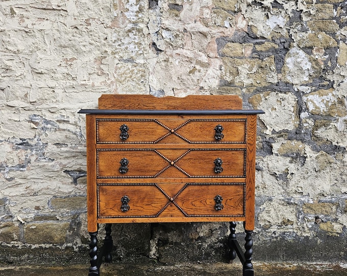 Vintage Oak Tallboy Chest of Drawers: Antique Cabinet with Ebonized Details Three Drawer