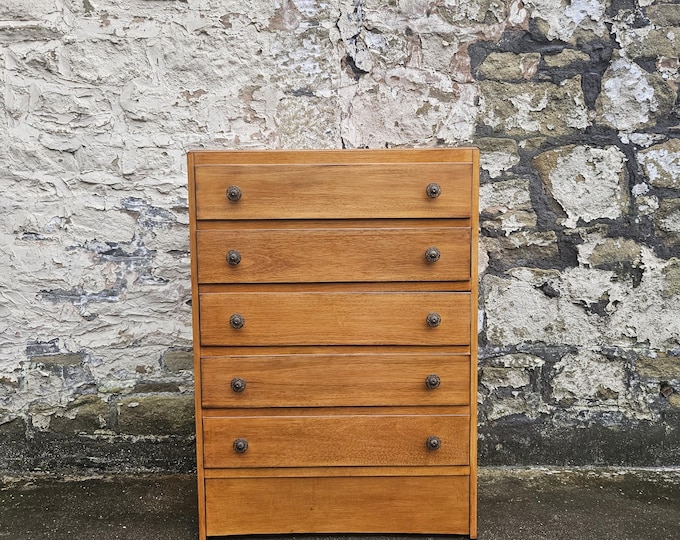 Vintage Oak Tallboy Chest of Drawers: Antique Cabinet with Detailing Five Drawer