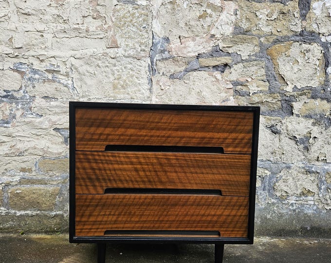 Stag Chest of Drawers C Range In Walnut: Mid-Century Modern Vintage Furniture Three Drawer Tallboy, 1950s Cabinet
