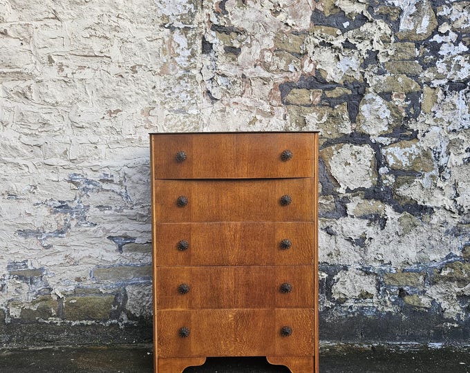 Vintage Oak Tallboy Chest of Drawers: Mid-Century Modern Antique Furniture Bedroom Storage Five Drawer