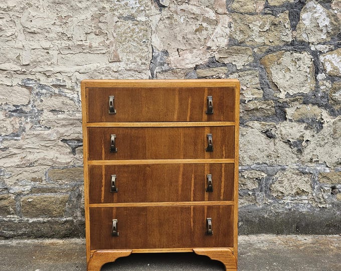 Vintage Oak Chest of Drawers, Four-Drawer Tallboy Cabinet, Vintage Furniture