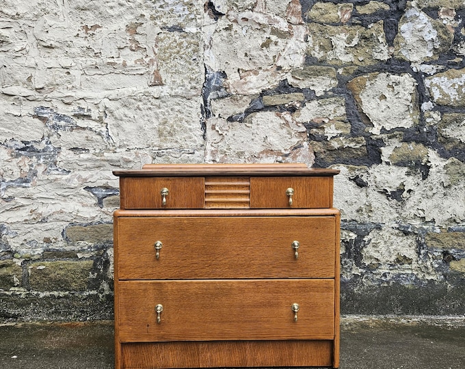 Vintage Stag Oak Chest of Drawers, Three-Drawer Cabinet, Ornate Brass Handles