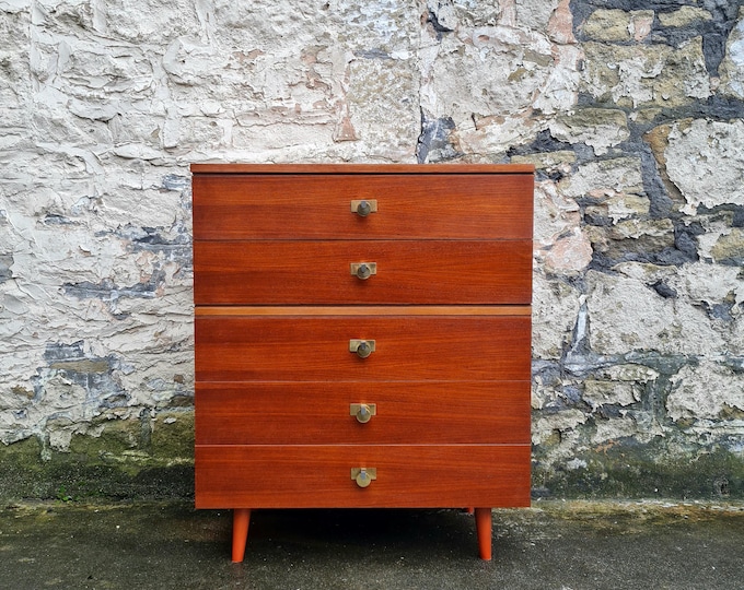 Vintage Chest Of Drawers Mid Century Modern Teak Vintage Retro Furniture Five Drawer Tallboy Cabinet Bedroom 1960s Large