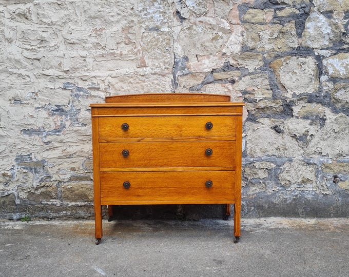 Vintage Oak Chest of Drawers: Mid-Century Tallboy Cabinet Three Drawers