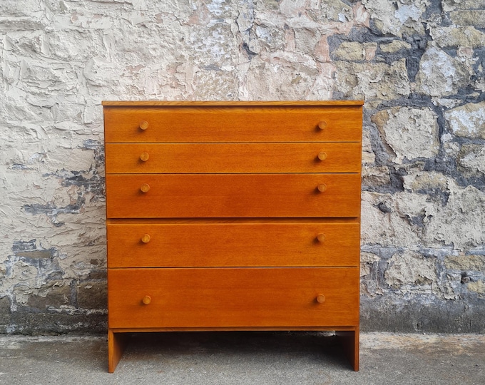Vintage Meredew Chest Of Drawers Oak Furniture Tallboy Cabinet Mid Century Antique Retro Bedroom Furniture Five Drawer Super Proportions