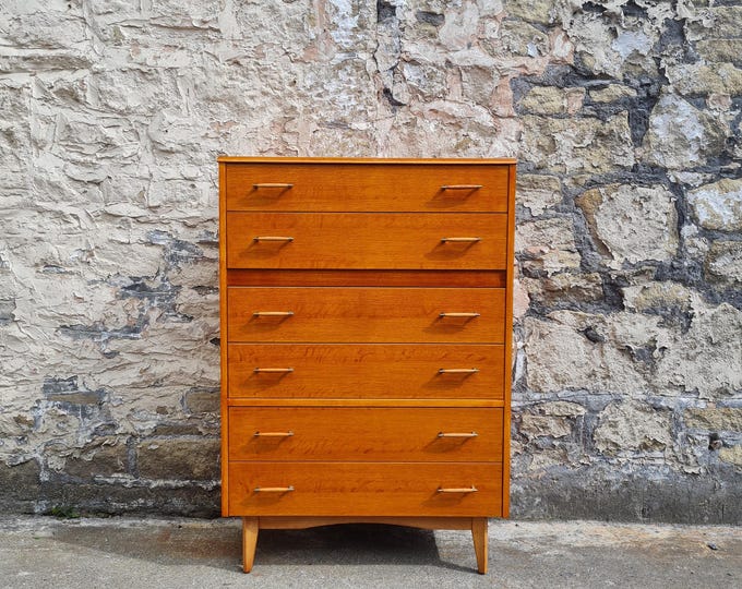 Vintage Lebus Chest Of Drawers Tallboy Cabinet Oak Mid Century Modern Vintage Retro Antique Oak Furniture Six Drawer Bedroom Highly Detailed
