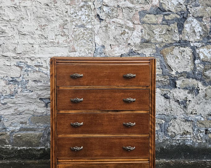 Vintage Chest Of Drawers Utility Furniture Oak Cabinet: Four-Drawer Tallboy Vintage Furniture Bedroom Storage