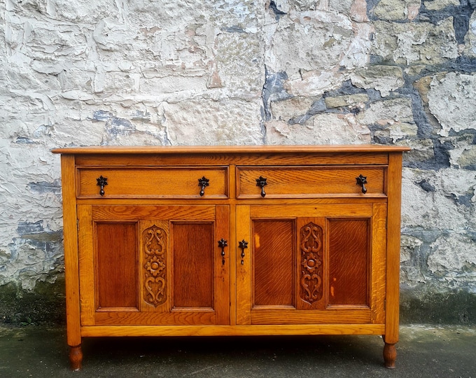 Vintage Chest Of Drawers Sideboard Cabinet Cupboard Oak Vintage Antique Mid Century Furniture Tallboy Two Drawers Doors Highly Detailed