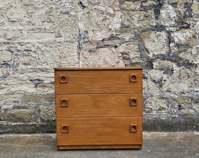 Mid Century Schreiber Oak Tallboy Tall Three Drawer Tall Large Chest Of Drawers