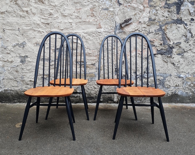 Set of 4 Ercol Quaker Model 365 Windsor Dining Chairs, Mid-Century Modern Beech Elm Ebonised
