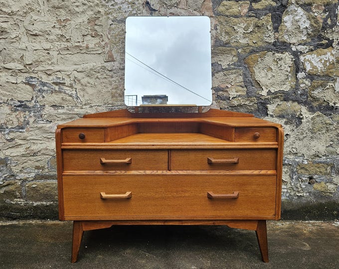 G Plan Oak Dressing Table: Brandon Range Mid-Century Modern Five Drawer Chest with Mirror