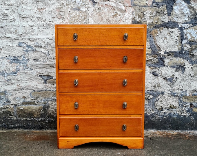 Vintage Chest Of Drawers Oak Furniture Tallboy Cabinet Mid Century Antique Retro Bedroom Furniture Five Drawer Super Proportions Tall Large
