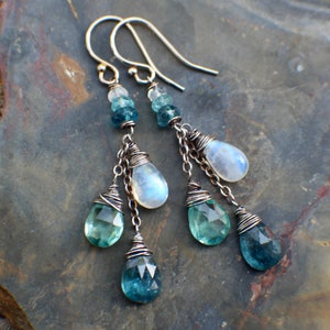 Moonstone, Apatite & Teal Kyanite Gemstone Earrings, Multi Gemstone Earrings, Natural Genuine Gemstones, Sterling Silver Chain Earrings