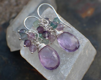 Pink Amethyst & Flourite Gemstone Earrings, AAA Gemstones, Multi Gemstone Earrings, 925 Sterling Earrings, Cluster Earrings