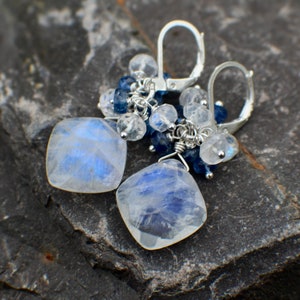 Moonstone & Kyanite Gemstone Earrings, Natural Gemstones, Blue Flash Gemstones, Healing Rainbow Moonstone, Cluster Earrings, Sterling Silver