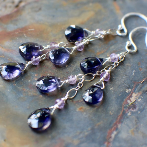 Water Sapphire & Amethyst Gemstone Earrings, Sterling Silver Chain Earrings, Indigo Gemstones, Iolite Gemstones, Dangle Earrings