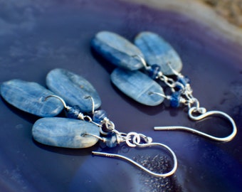 Blue Kyanite Gemstone Earrings, Natural Blue Kyanite Gemstones, Dangle Chain Earrings, Sterling Silver Earrings
