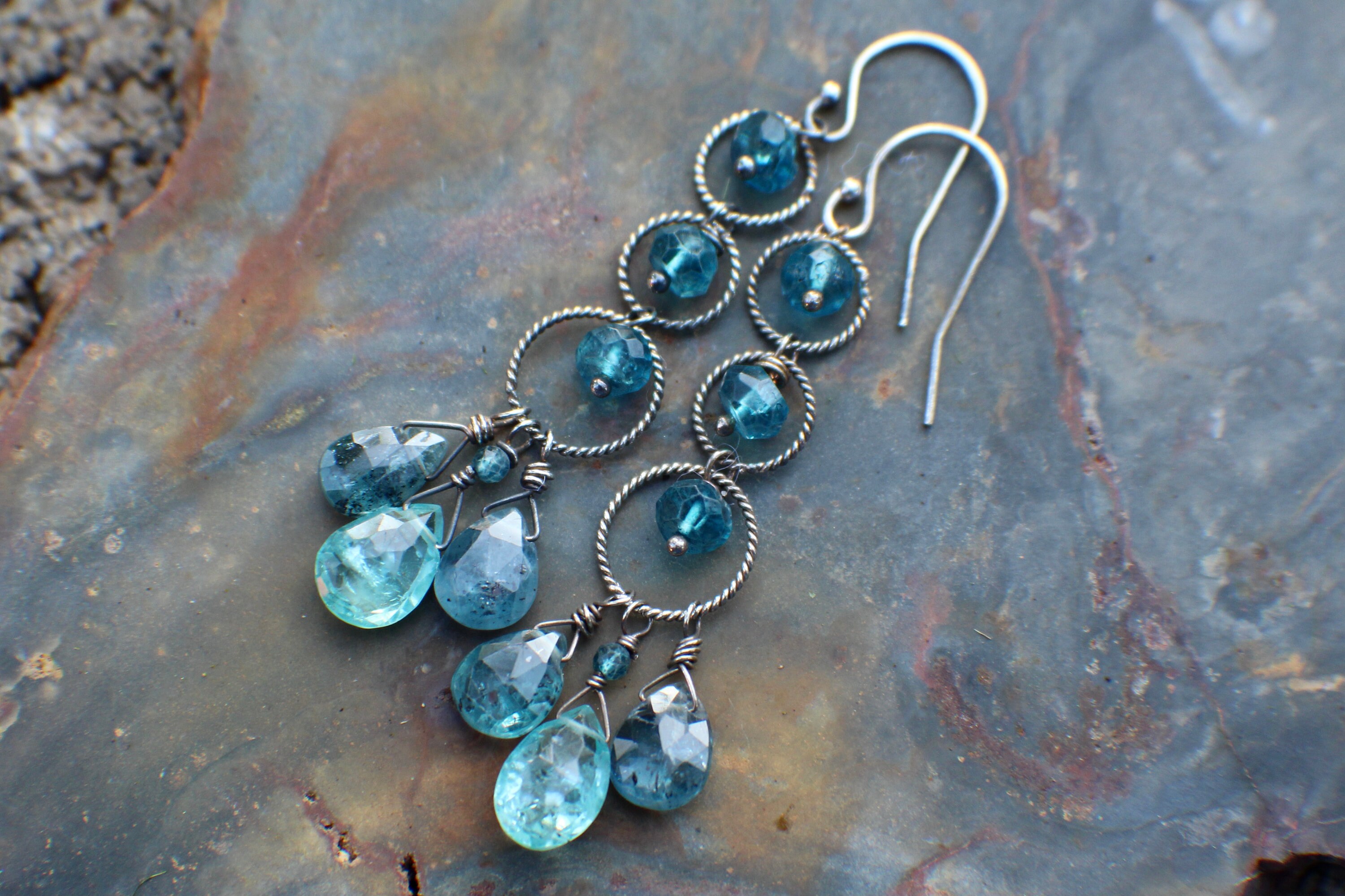 Rare Teal Kyanite & Apatite Gemstone Earrings, Natural AAA Gemstone Earrings, 925 Silver Dangle Earrings, Cluster Earrings