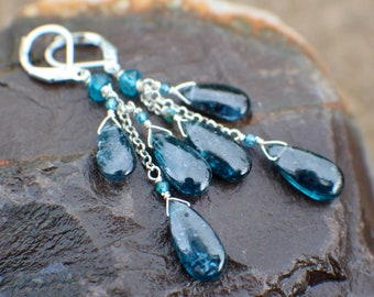 Kyanite & London Blue Topaz Earrings, Rare Teal Kyanite Gemstone Earrings, Sterling Silver, Chain Earrings, Gemstone Jewelry