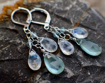 Moonstone & Aquamarine Gemstone Earrings, Sterling Silver Cluster, Chain Earrings, Natural Genuine Gemstones, AAA Moonstone and Aquamarine