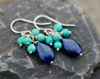 Lapis Lazuli & Turquoise Gemstone Earrings, Multi Gemstone Earrings, Cluster Earrings, Sterling Silver, Natural Gemstone Earrings