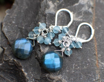 Labradorite & Aquamarine Gemstone Earrings, AAA Natural Gemstones, Sterling Silver Earrings, Cluster Earrings