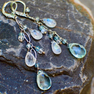 Aquamarine & Moonstone Gemstone Earrings, Natural Gemstone Chain Earrings, March/ June Birthstone Earrings, AAA Gemstones