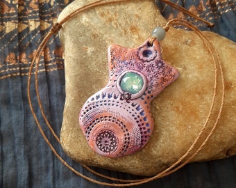 Purple mystical pendant with rhinestones, polymer fertility goddess