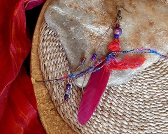 Mono ethnic fuchsia feather earring/ single hippie loop, spiritual, ritual, initiatory, symbolic, shaman, feather jewel
