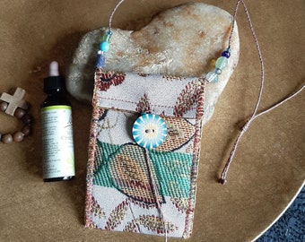 Medium size pink medicine bag in jacquard, necklace pouch, crystal holder, amulet holder