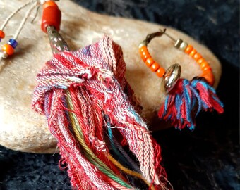 gipsy yellow and green pompom ethnic curls caravan Creole and long buckle gypsy light curls Mismatched earrings
