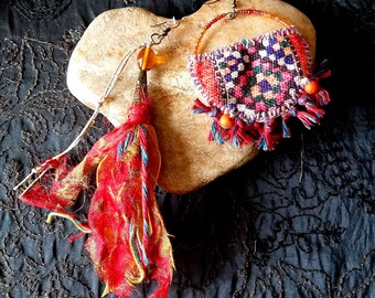 gipsy yellow and green pompom ethnic curls caravan Creole and long buckle gypsy light curls Mismatched earrings