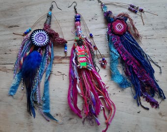 Boucle solitaire AU CHOIX, mono boucle longue textile et étoile Hmong