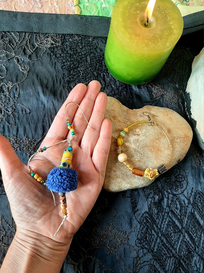 gipsy yellow and green pompom ethnic curls caravan Creole and long buckle gypsy light curls Mismatched earrings