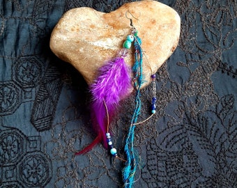 Purple and turquoise feather solo earring, long light single earring, solitary hippie mono earring