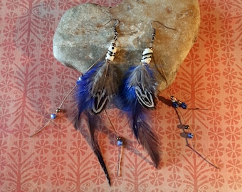 Pair of blue feather earrings and pheasant feather, hippie earrings with blue feathers