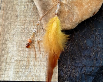 Single yellow feather earring, single hippie earring, feather jewelry