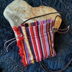 Small medicine bag in red fabric with stripes closed with a slide, lithotherapy case, necklace pouch image 7
